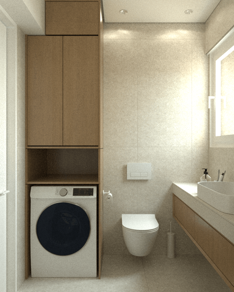 Bathroom with timber storage, a washing machine and wall-hung toilet — Voulas