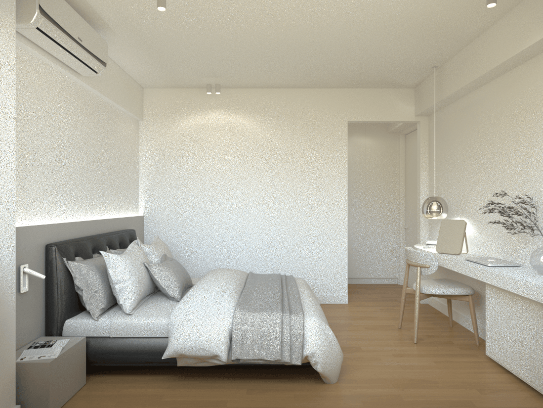 Bedroom with a bed beside a white desk and window blinds — Voulas