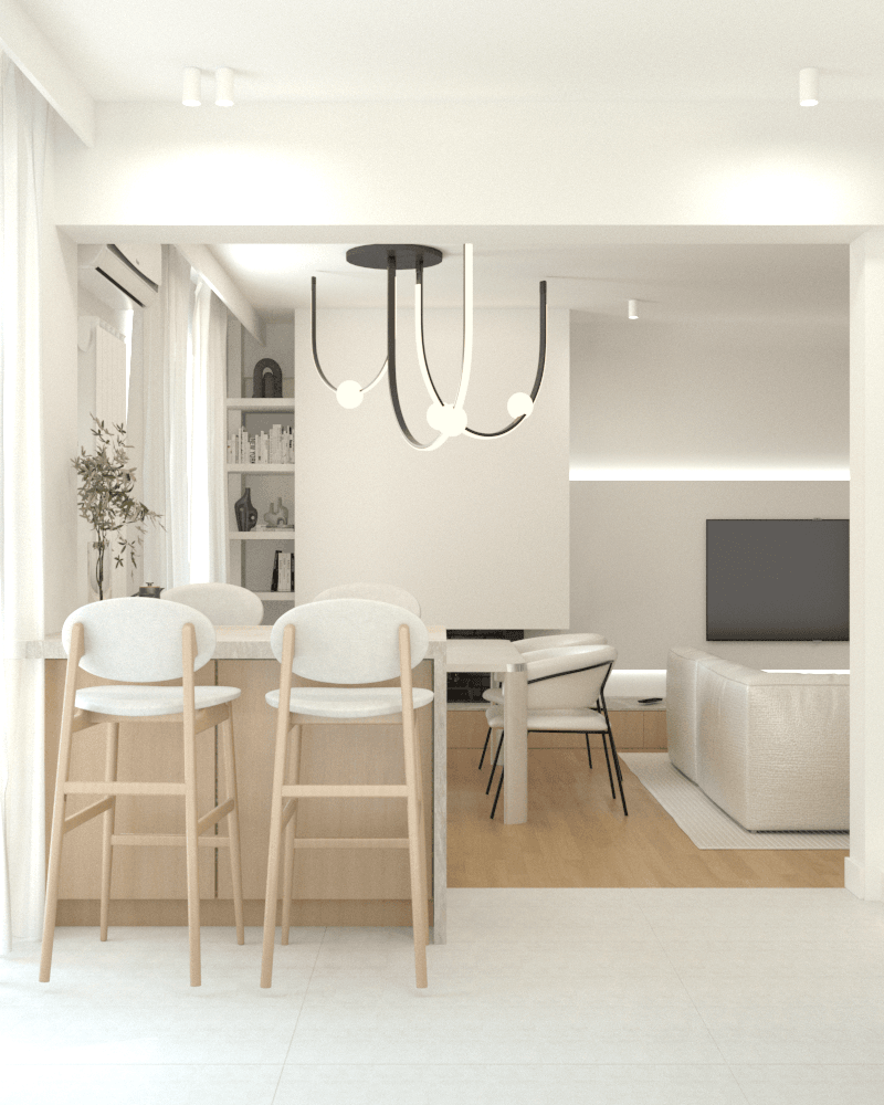 Dining area with white chairs and a sculptural pendant light — Voulas