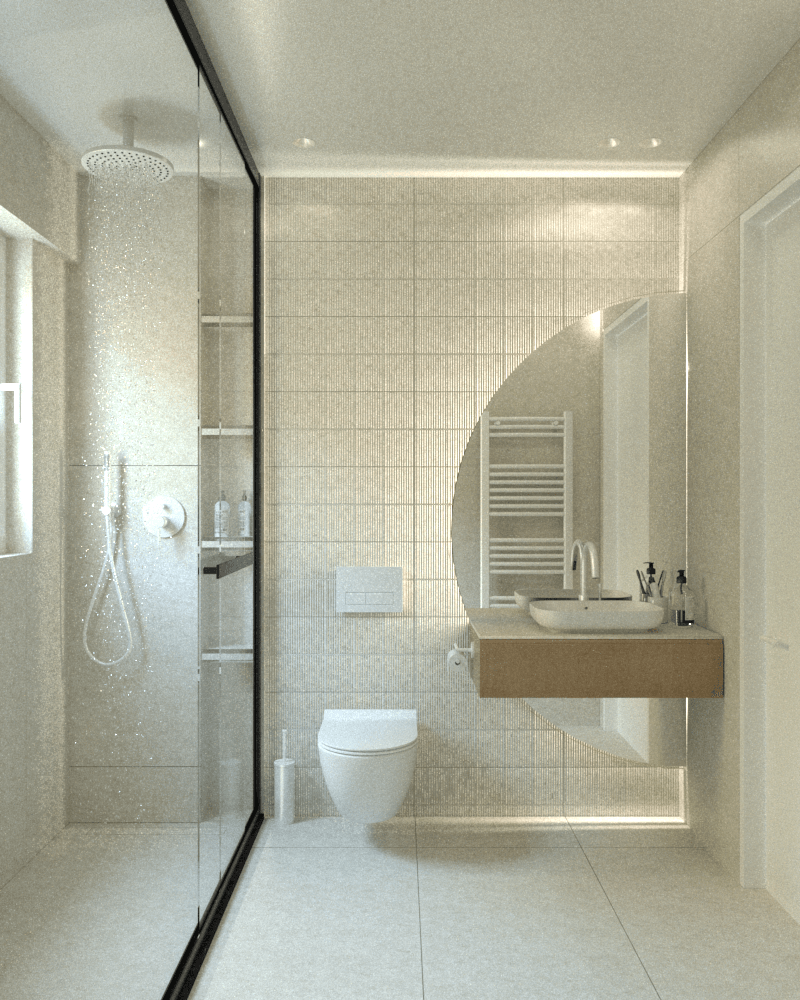 Bathroom with a glass shower enclosure, wall-hung toilet and illuminated mirror — Voulas