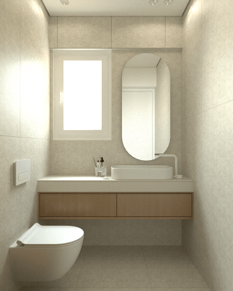 Bathroom vanity beneath illuminated mirrors beside a window — Voulas