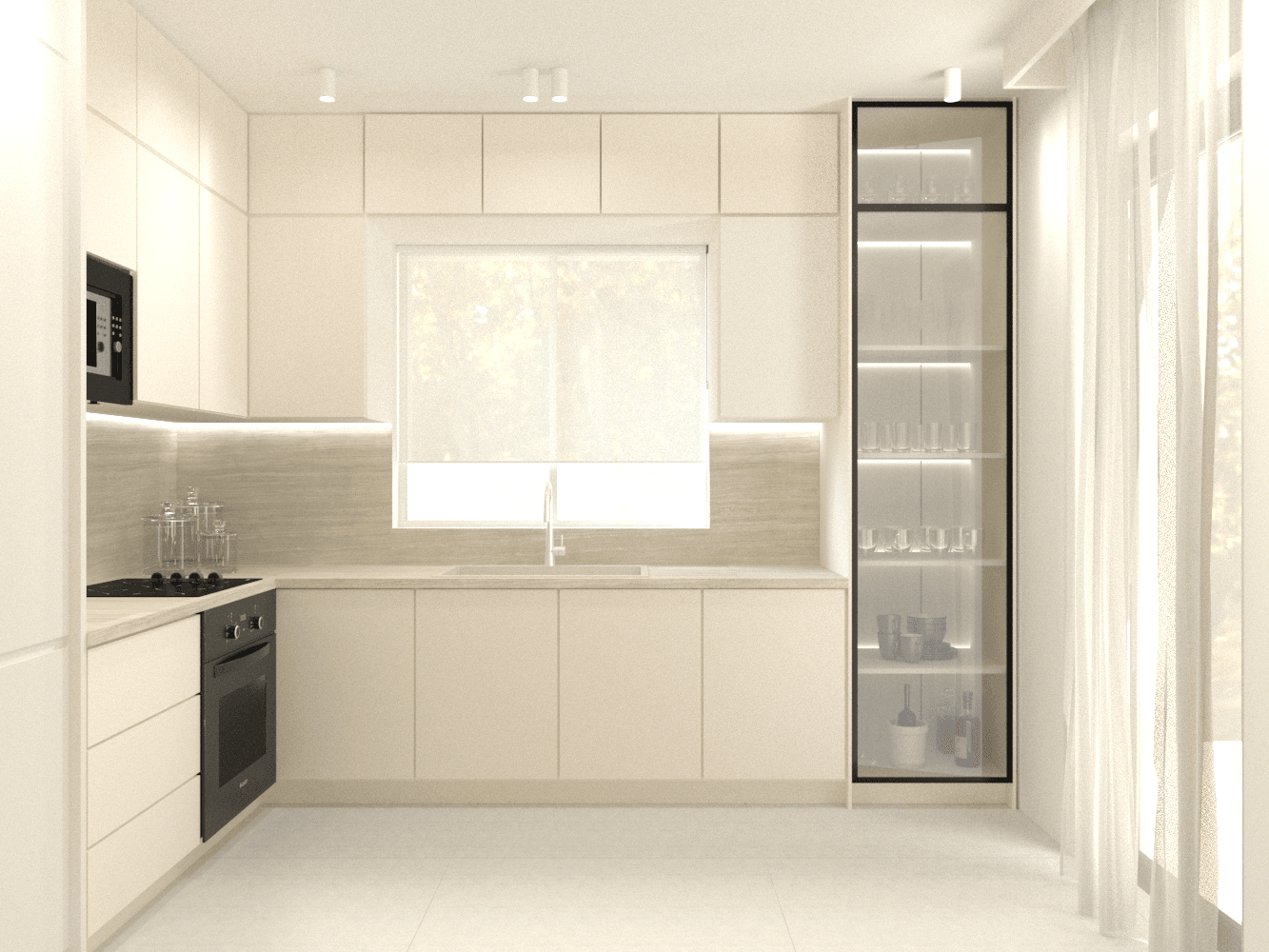 White kitchen with a central window and tall glass-fronted cabinet — Voulas