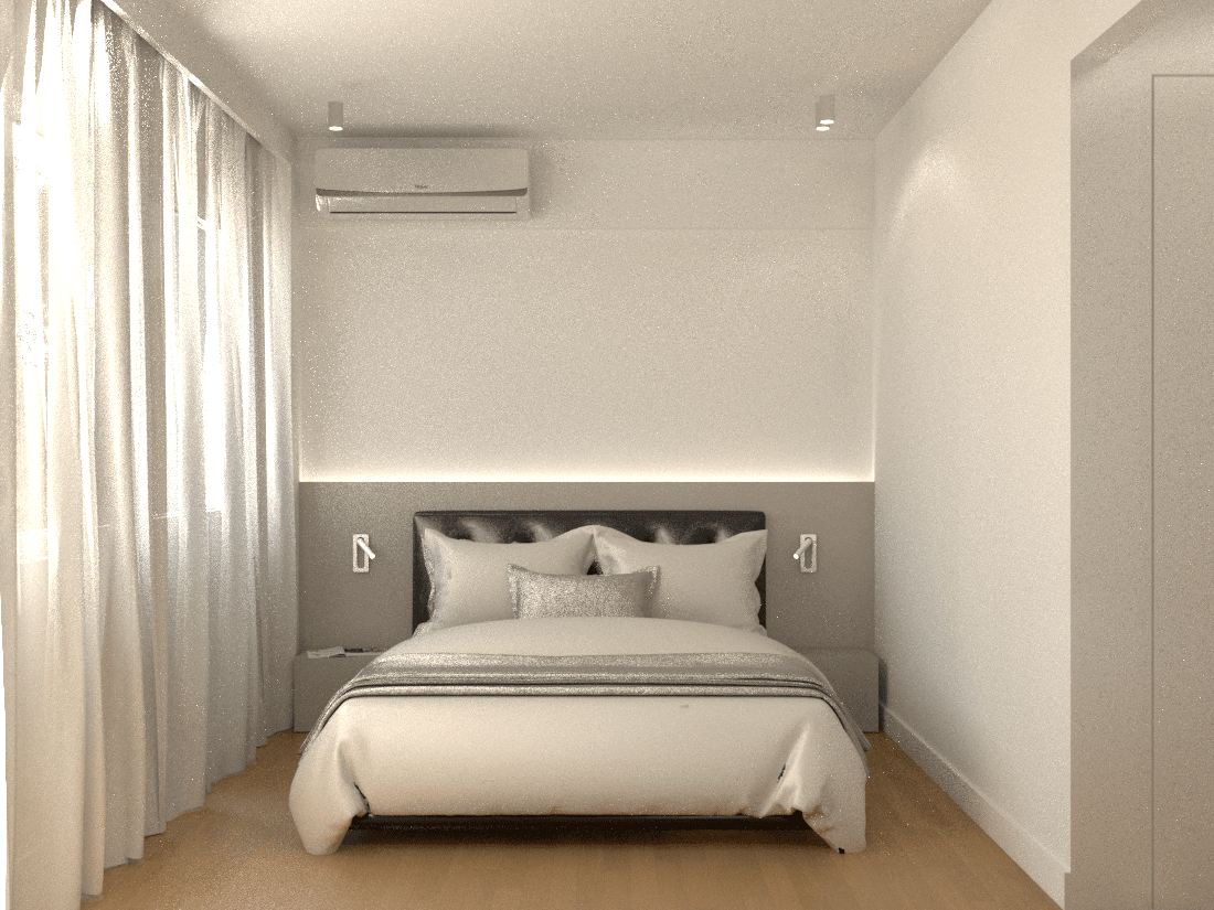 Bedroom with a pale bed, upholstered headboard and sheer curtains — Voulas