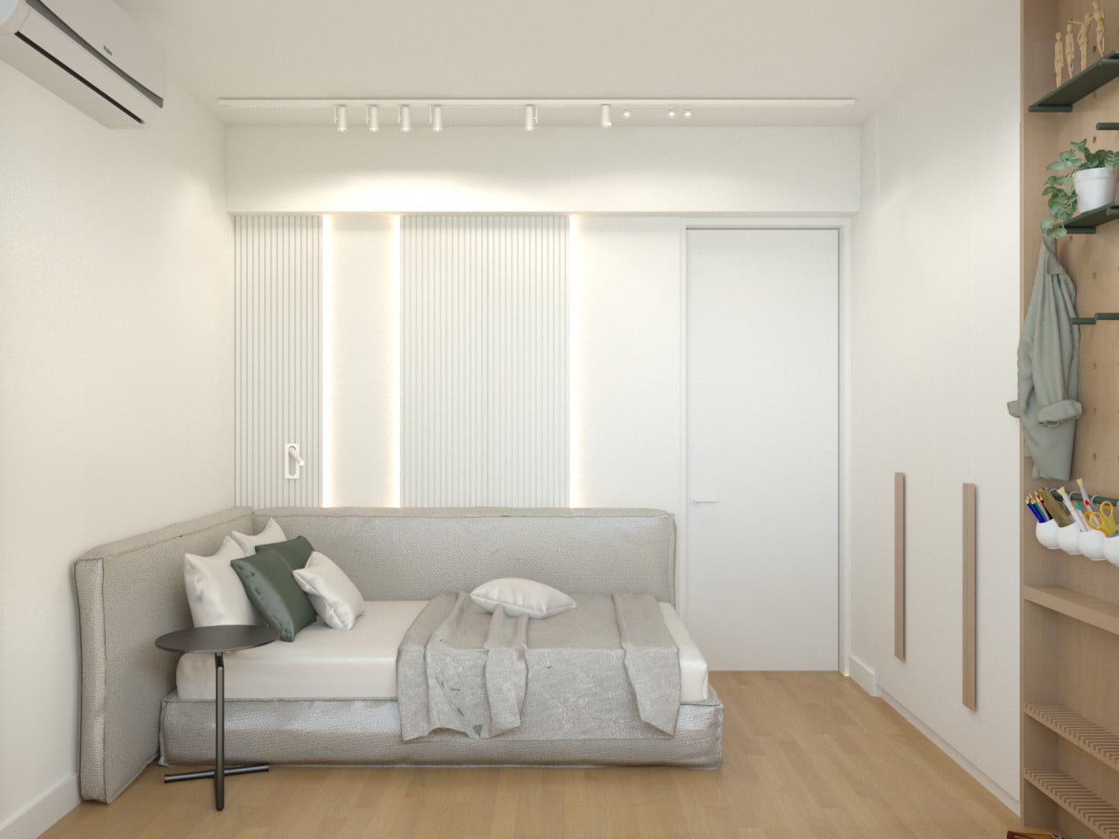Bedroom with a low bed, fitted white wardrobes and timber flooring — Voulas