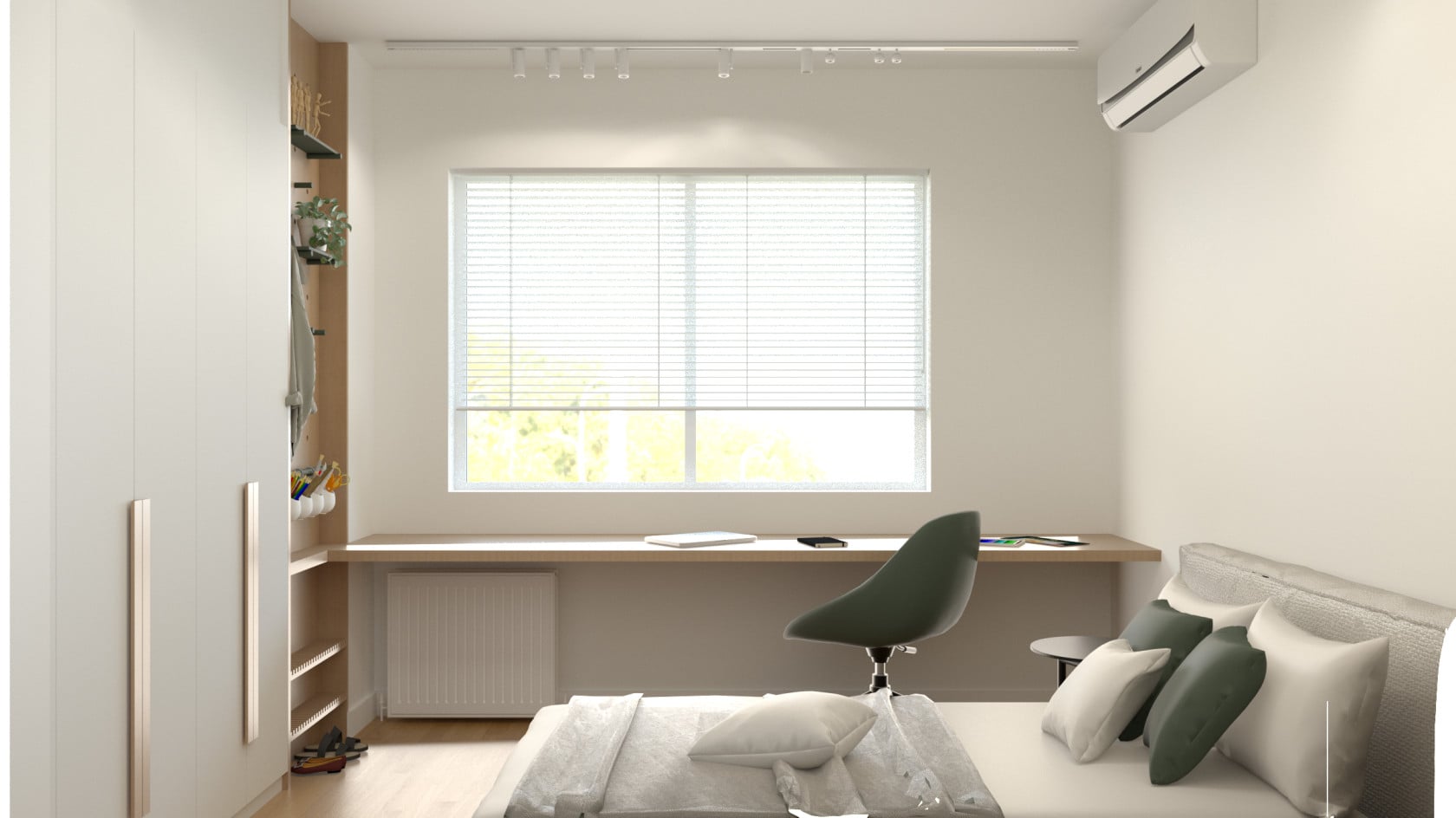 Bedroom with a desk and chair beneath the window — Voulas