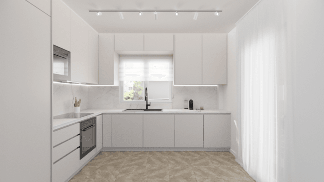White kitchen with a patterned floor and a large window — Vasileos Pavlou