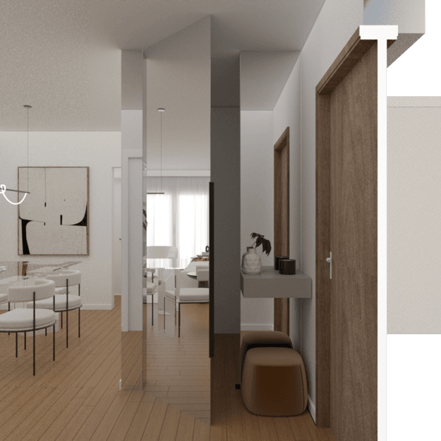 Entrance hallway with timber storage and a round mirror beside the dining area — Vasileos Pavlou