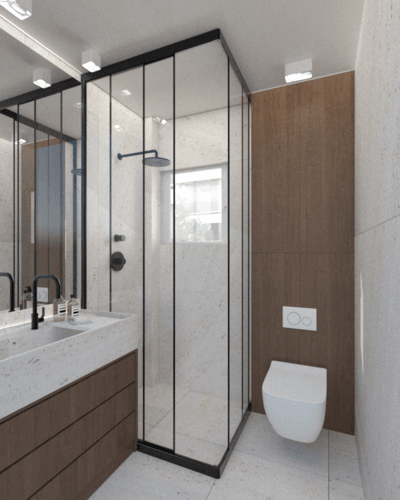 Bathroom with a glass-enclosed shower, round mirror and wall-hung toilet — Vasileos Pavlou