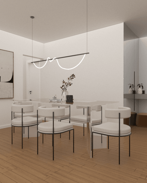 Dining table with pale chairs beneath a sculptural light and bird artwork — Vasileos Pavlou