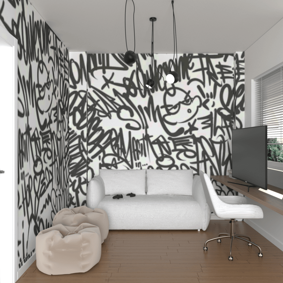 Sitting area with a white sofa against bold black-and-white patterned wallpaper — Vasileos Pavlou