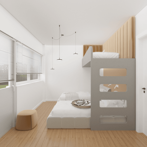 Children's room with pale bunk beds beneath a timber feature wall — Vasileos Pavlou