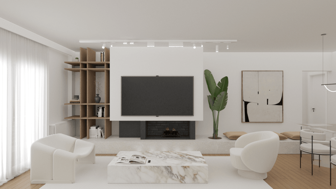 Living room with a large television, pale seating and plants — Vasileos Pavlou
