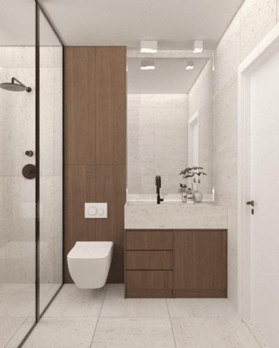 Bathroom with a glass shower, timber wall panels and floating vanity — Vasileos Pavlou