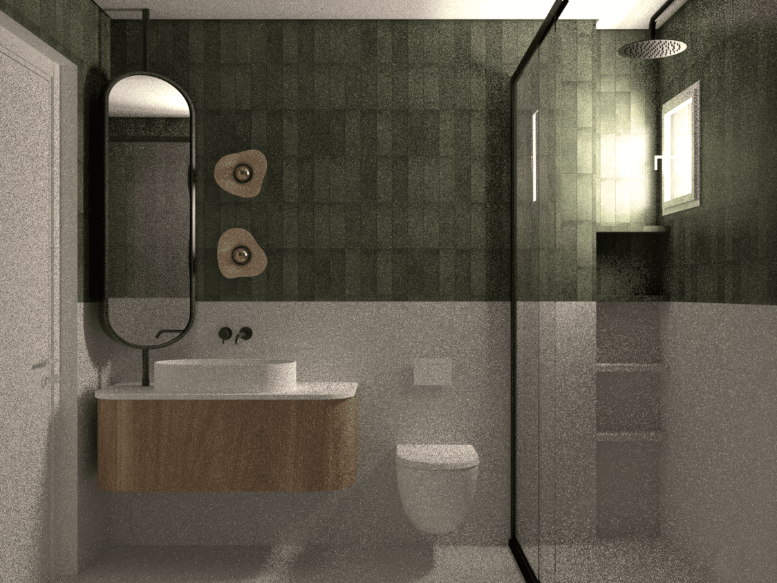 Bathroom with a dark tiled feature wall and glass shower partition — Eptalofou