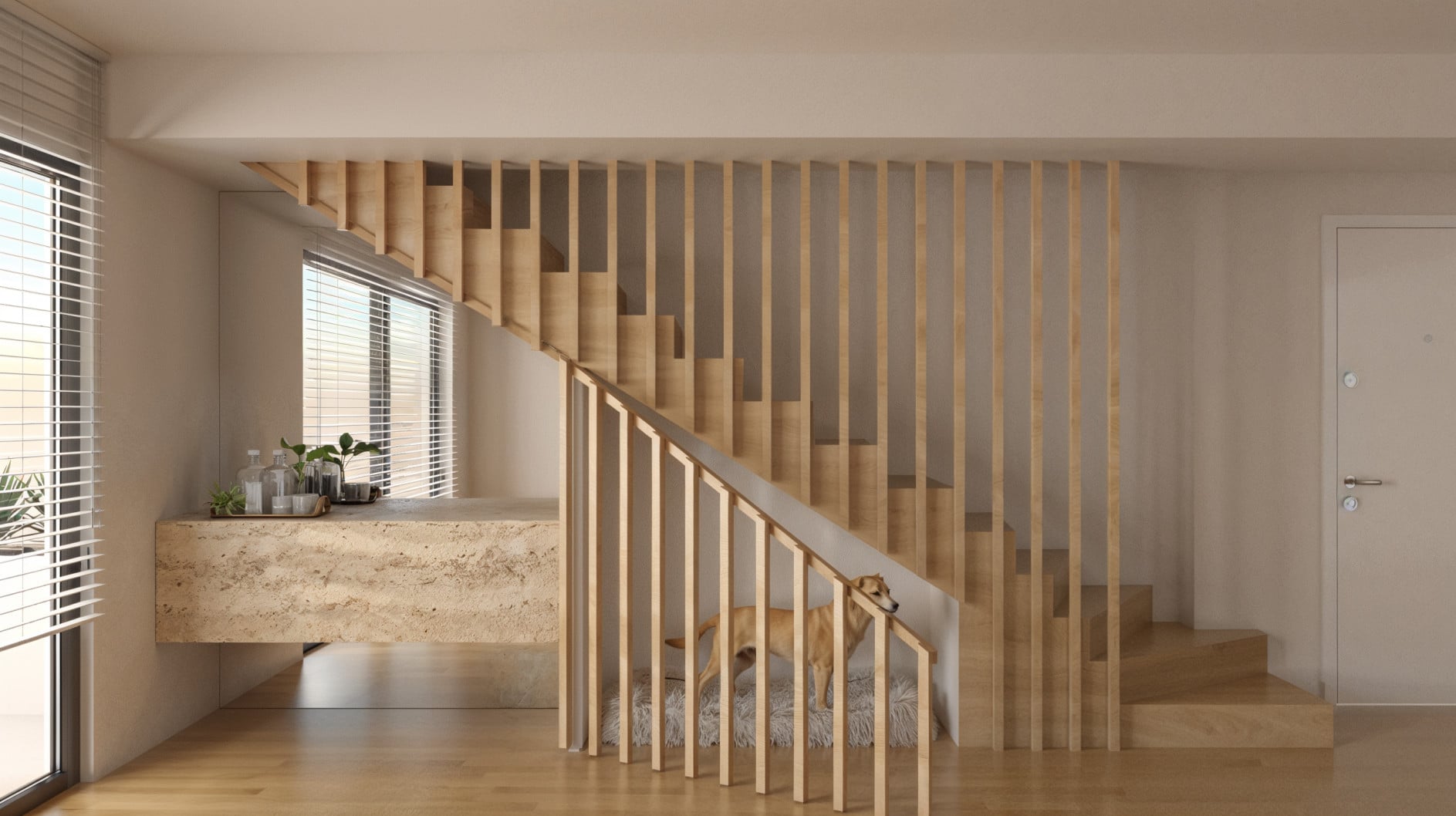 Staircase screened by vertical timber slats beside a built-in bench — Anatolikis Thrakis