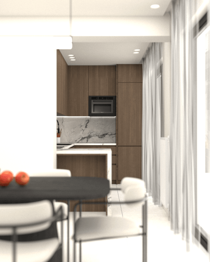 Dining area looking toward a kitchen with timber cabinets — Filostratou