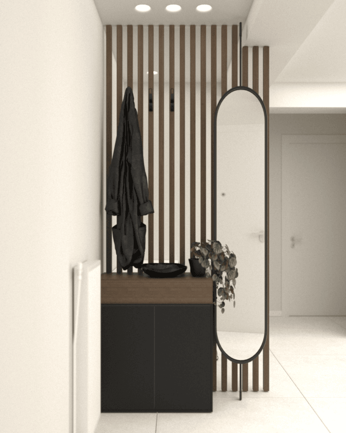 Entrance console against timber slats beside a tall curved mirror — Filostratou