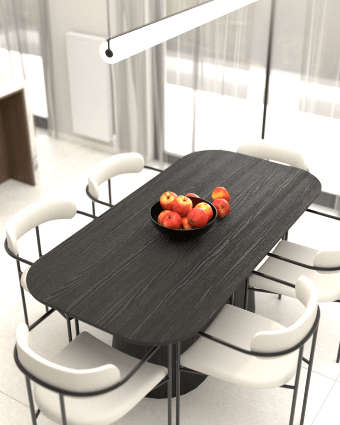 Dark dining table beside full-height windows — Filostratou