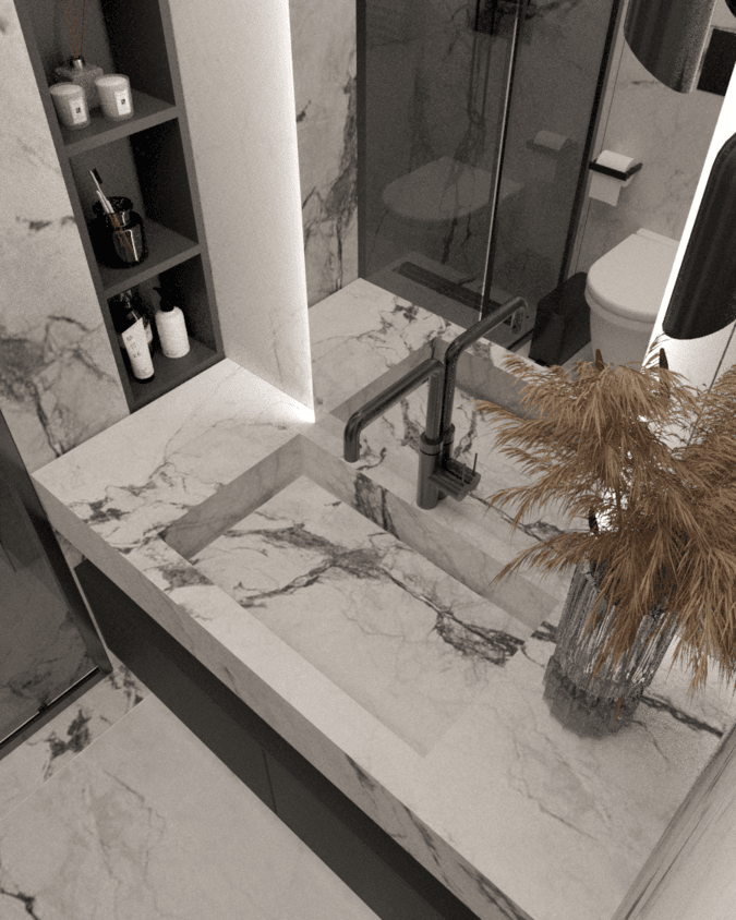 Bathroom vanity with a veined surface and dark fittings — Filostratou