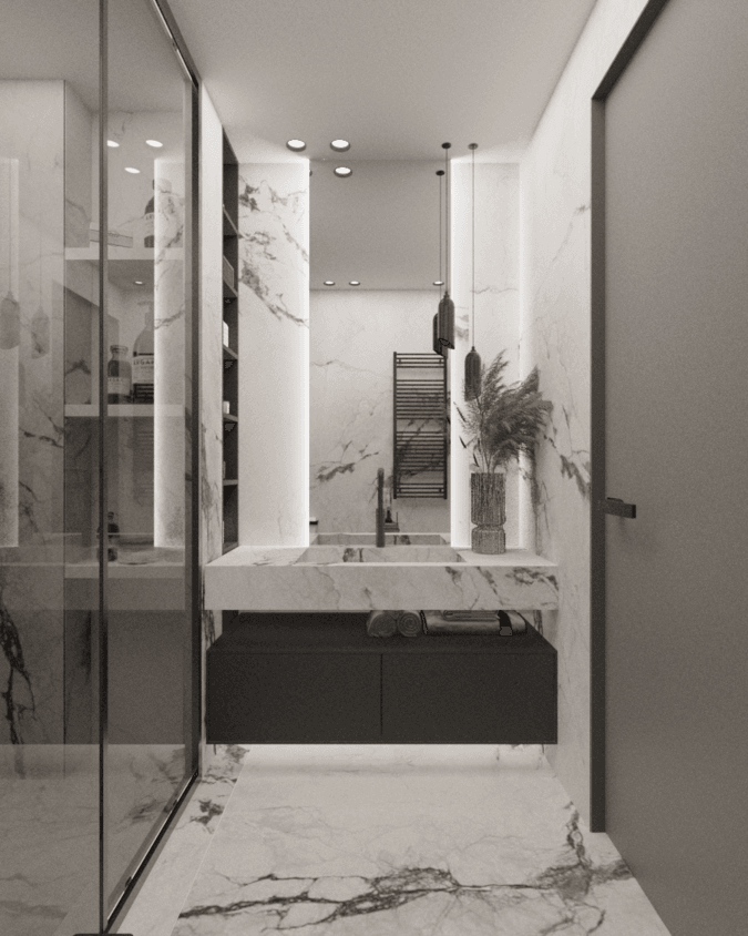Bathroom with a walk-in shower and floating vanity beneath a tall mirror — Filostratou