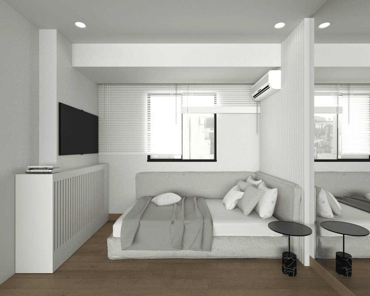 Bedroom with a small desk beside the bed and a window with blinds — Filostratou