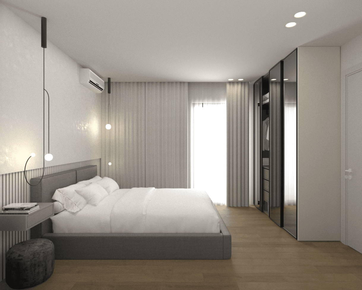 Bedroom with a pale upholstered bed, window curtains and timber flooring — Filostratou