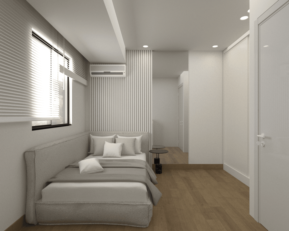 Bedroom with fitted white wardrobes and timber flooring — Filostratou