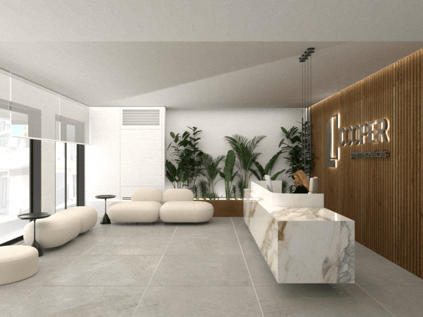 Office reception and waiting area with rounded white seating — Alkminis
