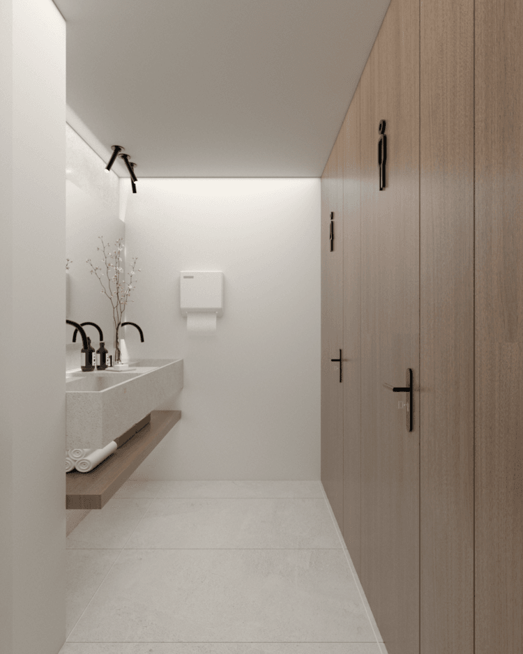 Washroom corridor with timber cubicles and wall-mounted basins — Alkminis