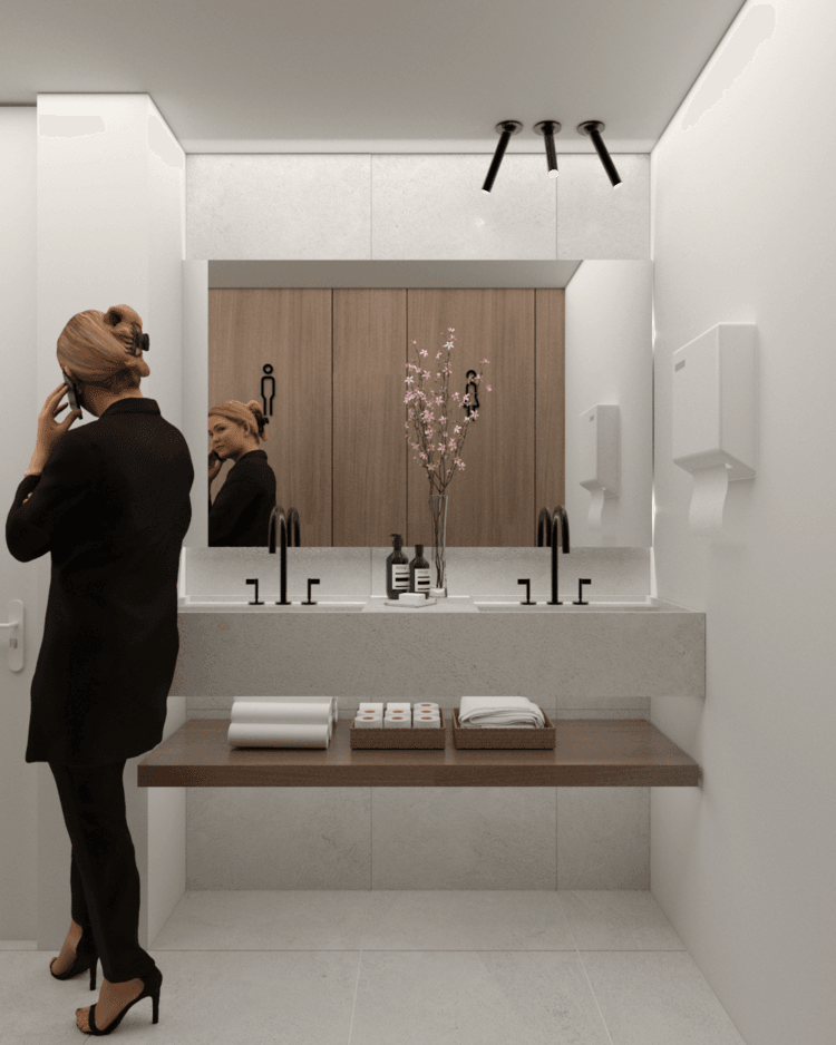 Washroom visualisation with a wide mirror, floating vanity and overhead lighting — Alkminis