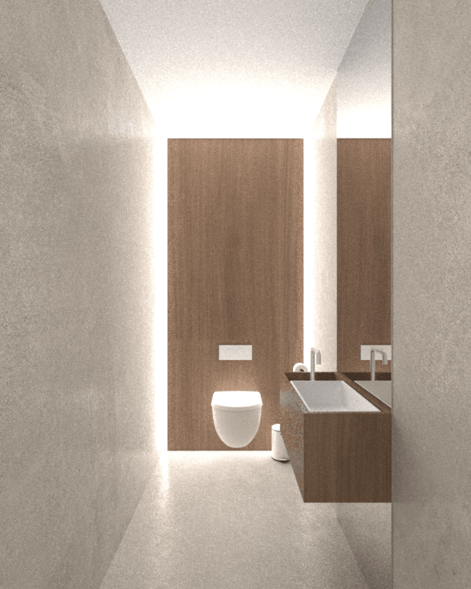 Compact washroom with a wall-hung toilet, basin and timber cabinetry — Alkminis