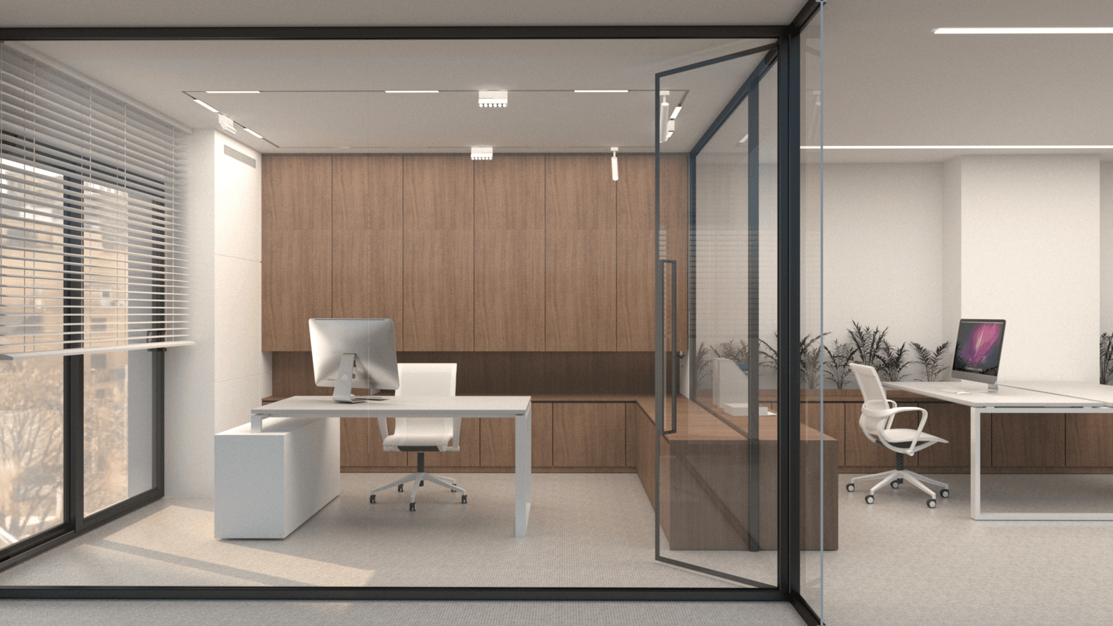 Glazed corner office with white desks and timber wall panels — Alkminis