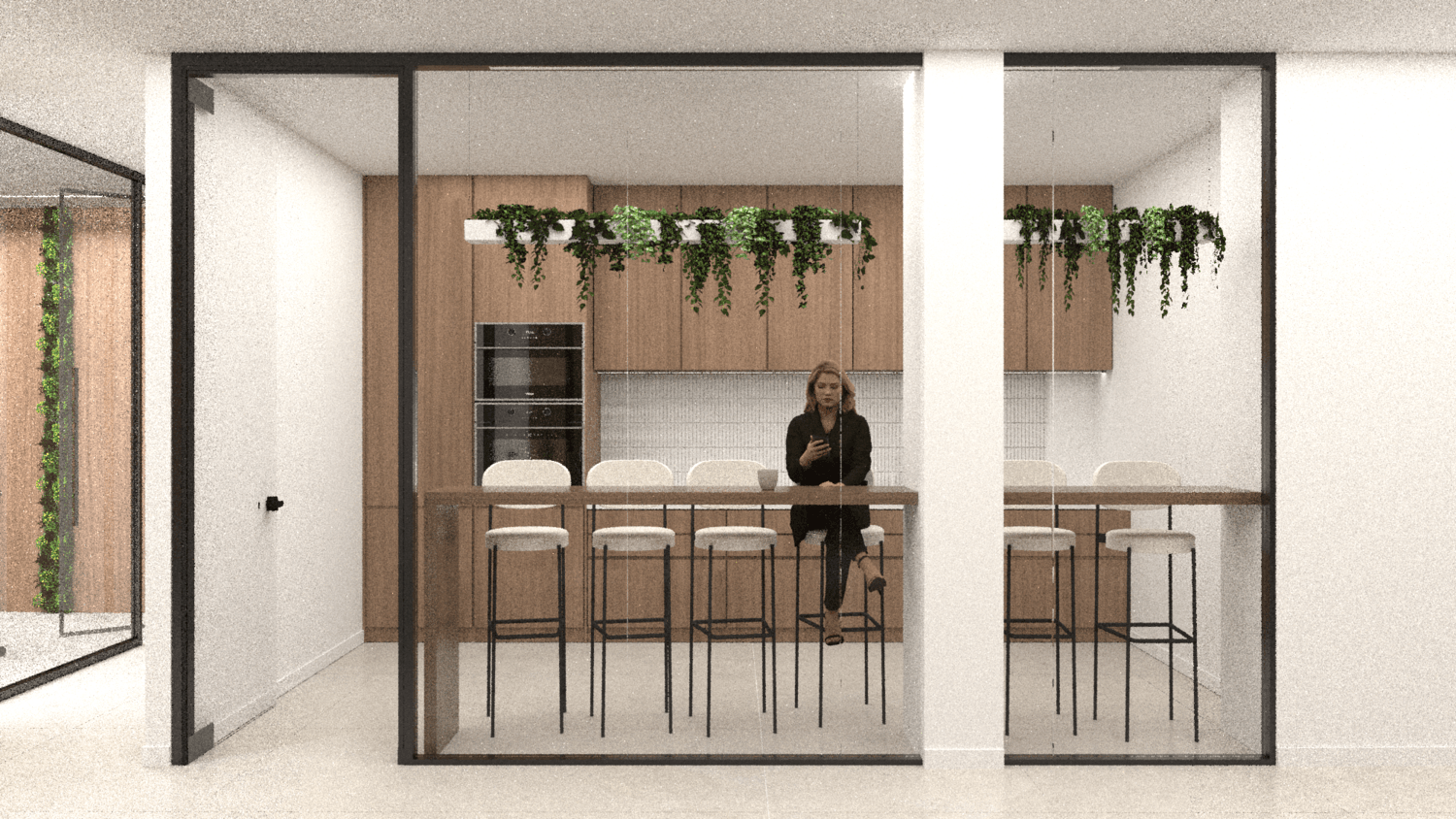 Office kitchen and bar seating with hanging plants — Alkminis