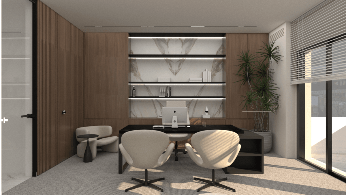 Private office with a dark desk, rounded visitor chairs and open shelving — Alkminis
