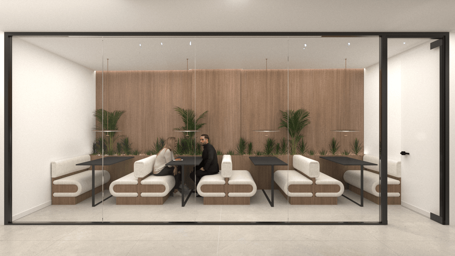 Glazed meeting room with white chairs and a timber feature wall — Alkminis
