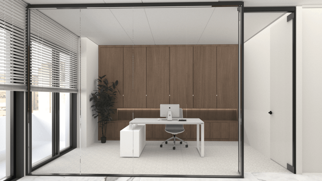 Private office behind a glass wall with timber storage and white furniture — Alkminis