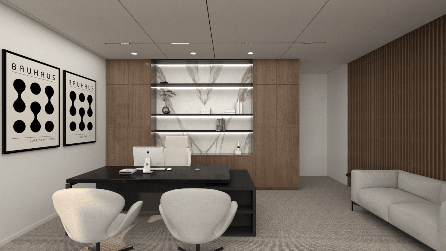 Office seating area with pale armchairs, a dark desk and timber wall panels — Alkminis