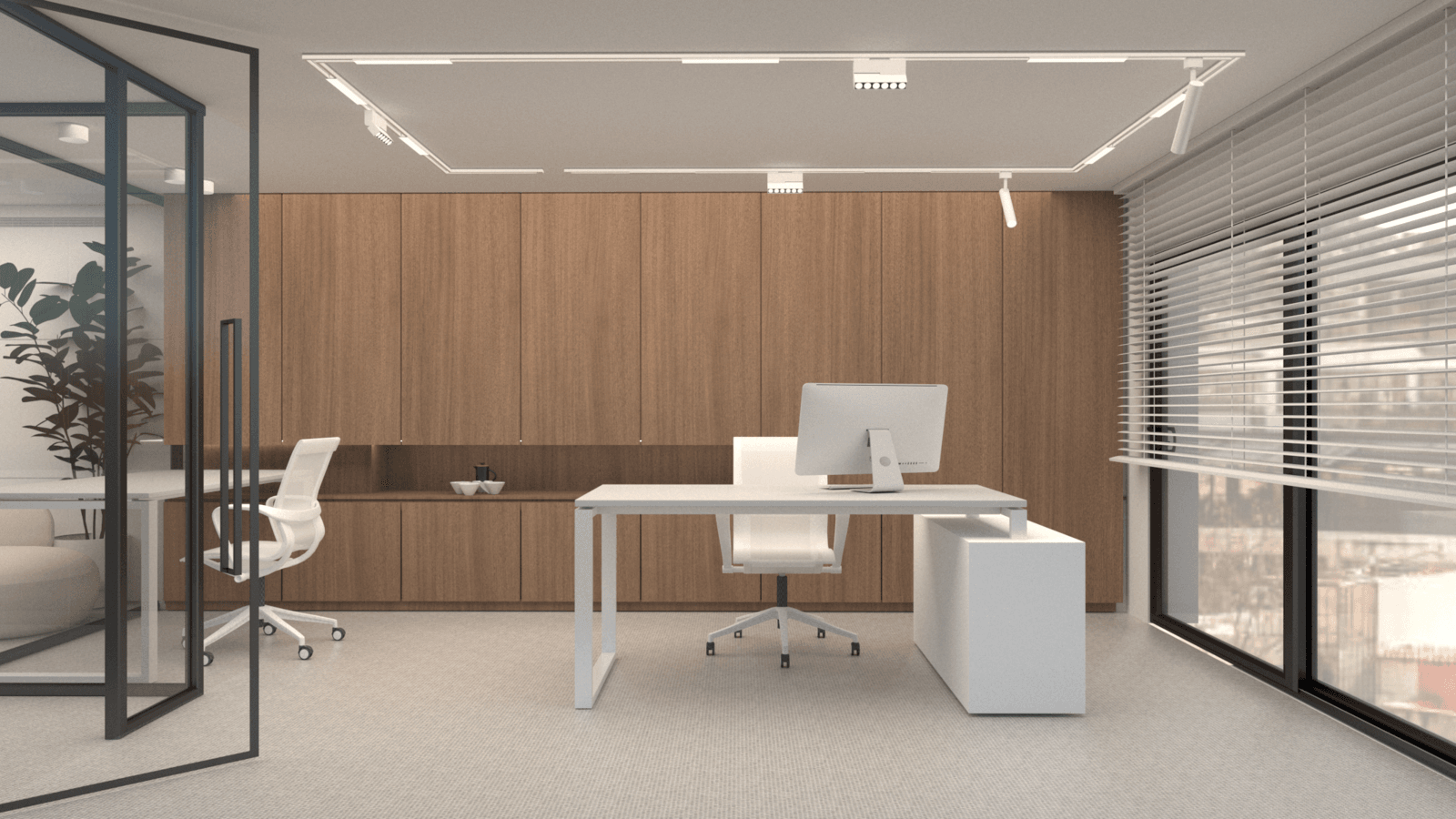 Glass-partitioned office with white furniture and a timber feature wall — Alkminis