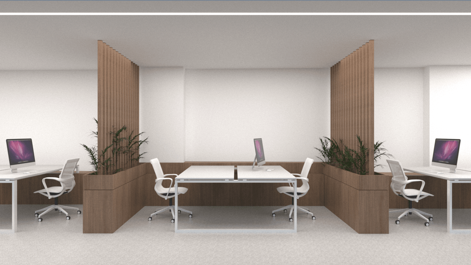 Open office with white desks and a central seating area — Alkminis