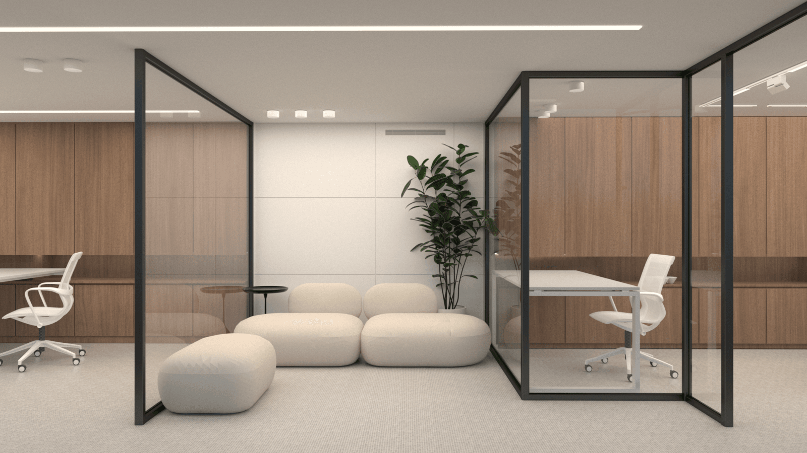 Waiting area with a sculptural white sofa between glazed meeting rooms — Alkminis