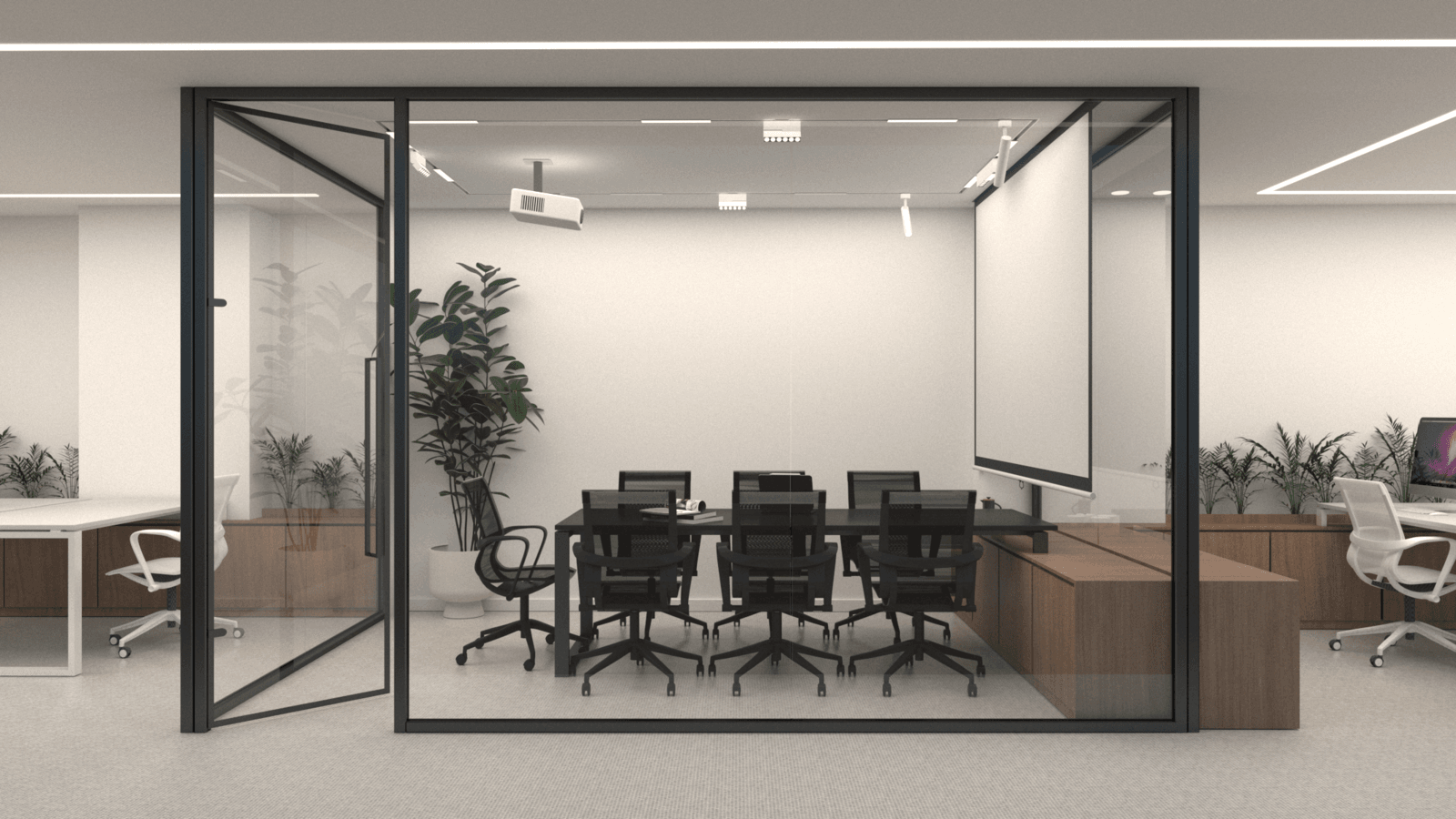 Meeting room with a long table, black chairs and full-height glass partitions — Alkminis