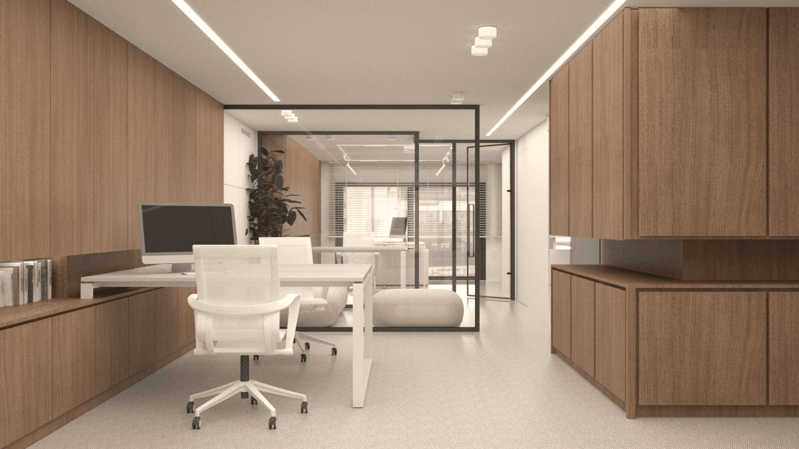 Office corridor with timber cabinets and white desks — Alkminis