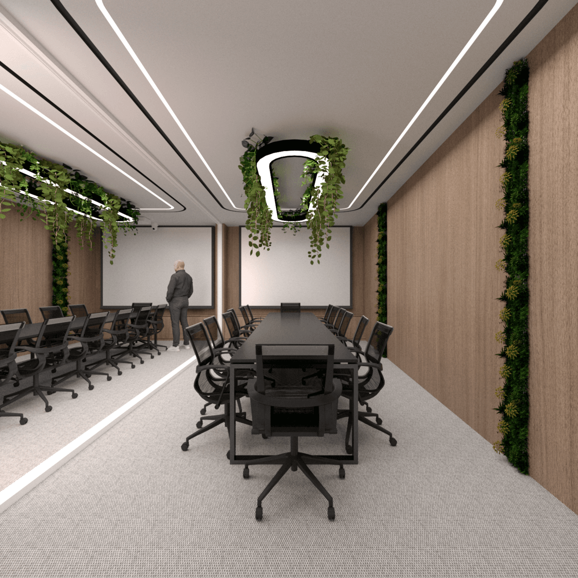 Shared office with black chairs, long desks and a planted ceiling feature — Alkminis