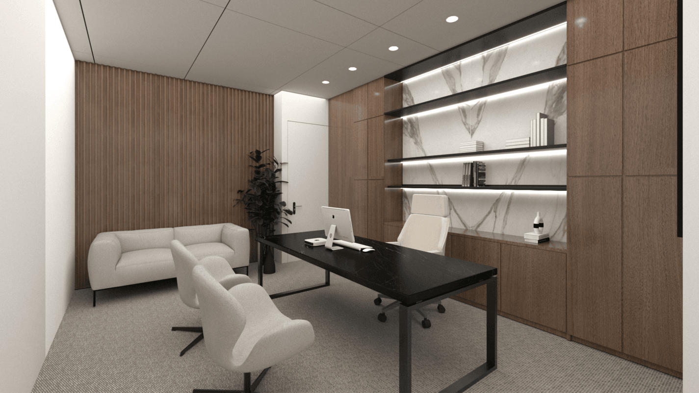 Private office with a dark desk, pale sofa and illuminated wall shelving — Alkminis