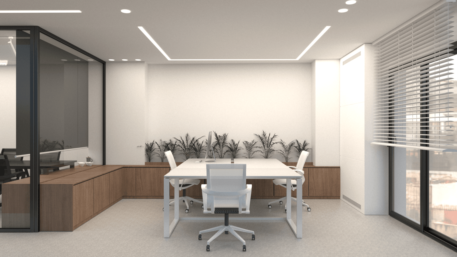 Office with a central white desk, timber cabinetry and a row of plants — Alkminis