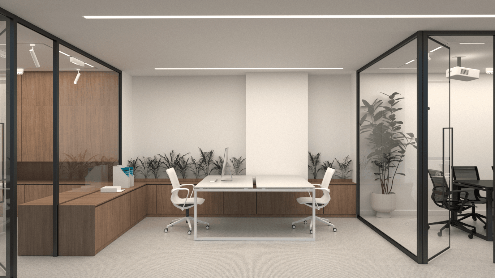 Shared workspace with white desks between glass-partitioned offices — Alkminis