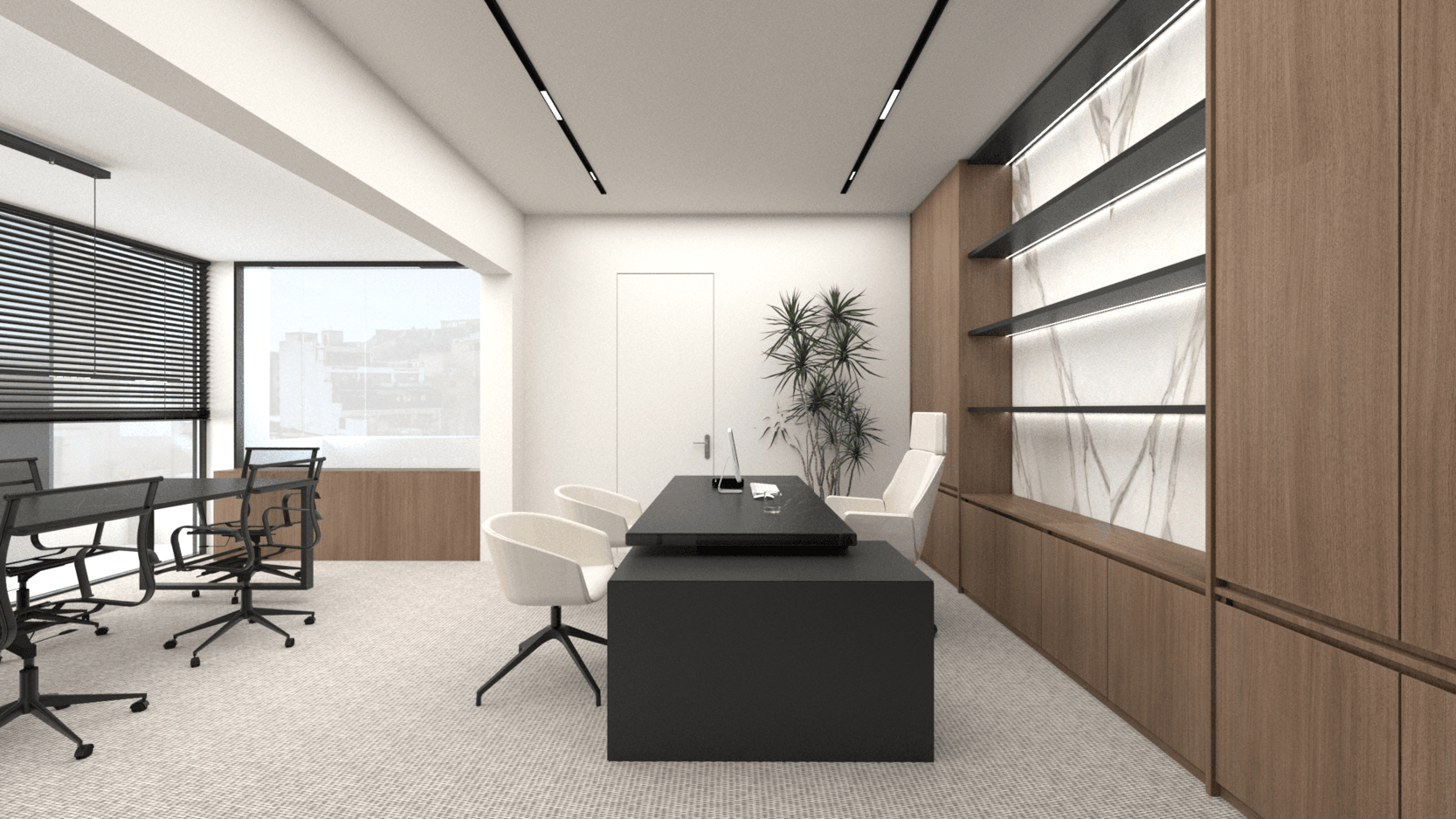Office breakout area with built-in timber storage and dark seating — Alkminis