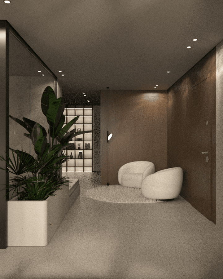 Office entrance corridor with greenery and a curved white reception desk — Themistokleous