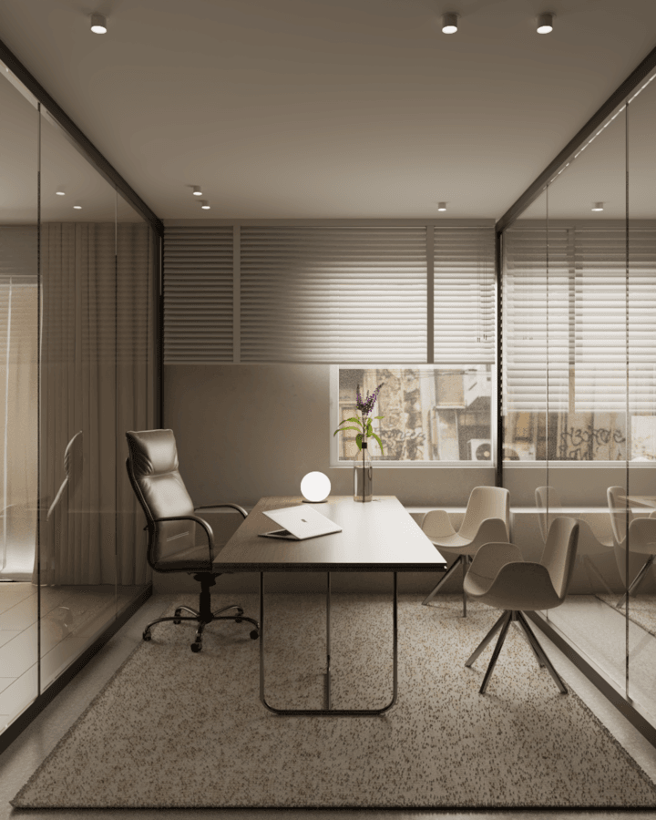 Glass-partitioned office with a meeting table and window blinds — Themistokleous