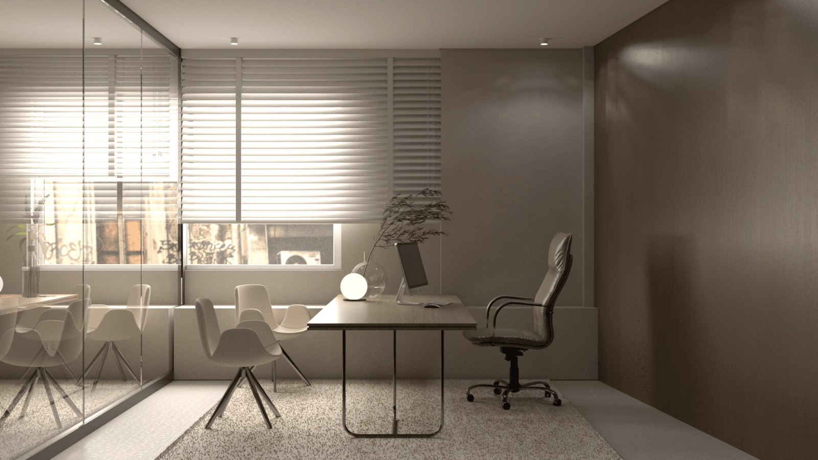 Office desk with visitor chairs beside a window with blinds — Themistokleous